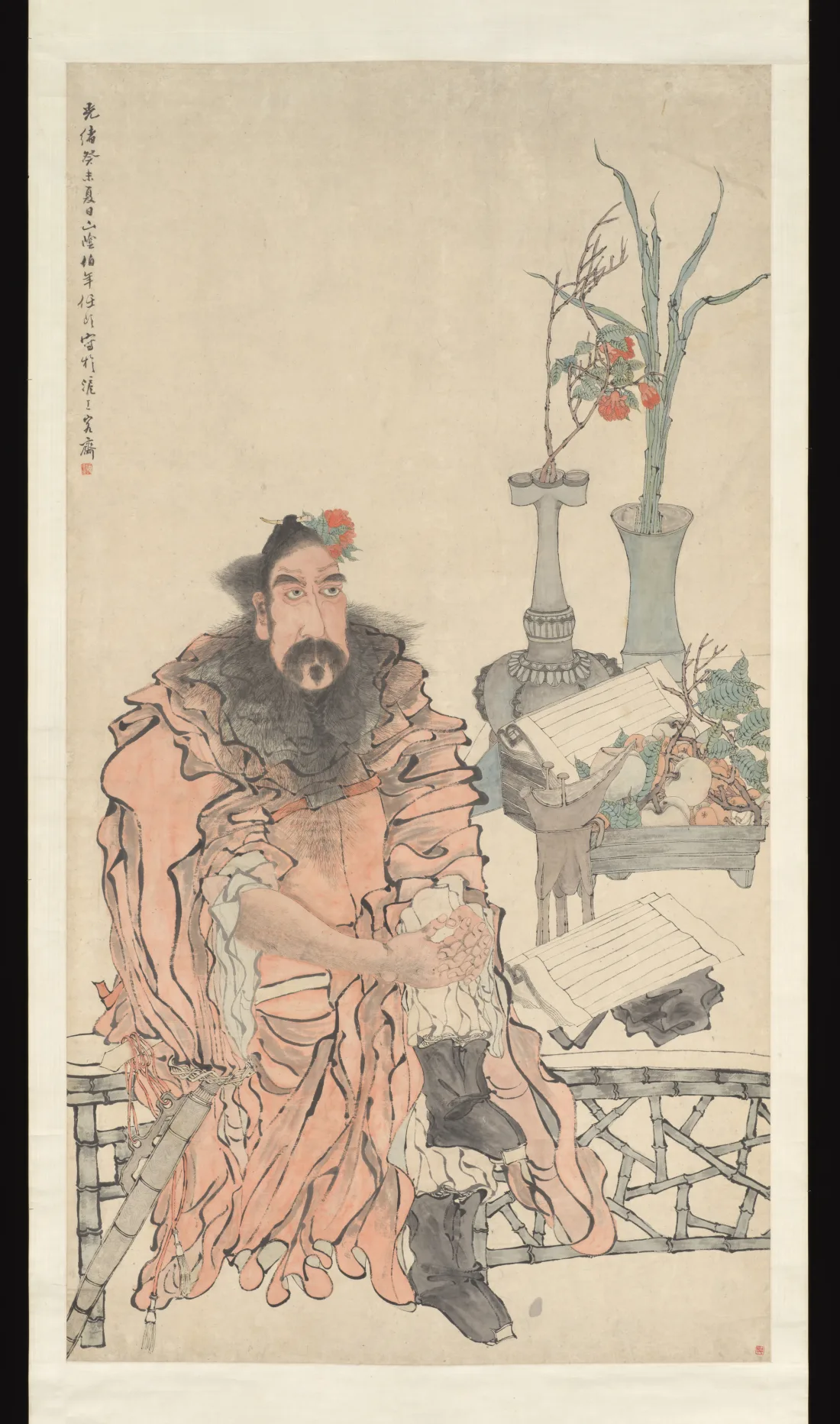 Zhong Kui seated as an eccentric scholar beside books and flowering vessels in Ren Yi’s 1883 hanging scroll